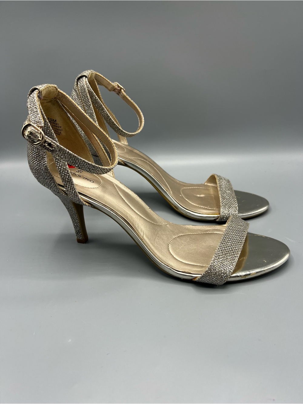 Bandolino Madia Metallic Gold Rhinestone Ankle Strap Heeled Sandals Women’s